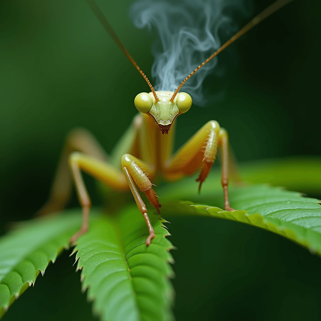 A praying mantis appears to emit smoke from its head while perched on a green leaf.