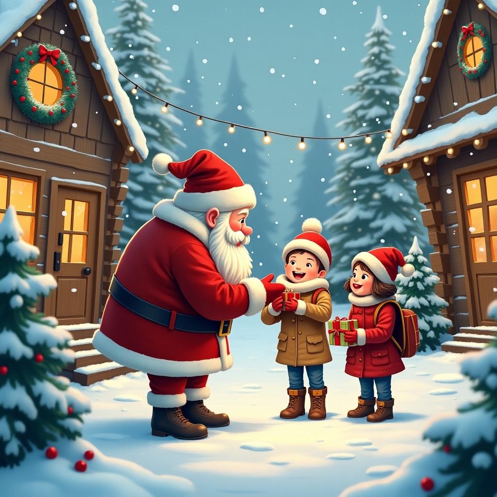 Charming Christmas village scene. Santa Claus interacts joyfully with children. Children are bundled in festive attire, holding gifts. Cozy wooden cabins adorned with wreaths and string lights. Snow falls gently, creating a magical atmosphere.