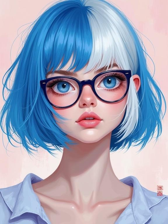 Digital art illustration of a Finnish woman with blue and white bob hair. She has creamed lips and wears blue-frame glasses. Her makeup is half blue and half white. The background is soft pastel colors. Expression shows quiet confidence. Hairstyle is asymmetrical. Captures modern aesthetics with Nordic elegance.