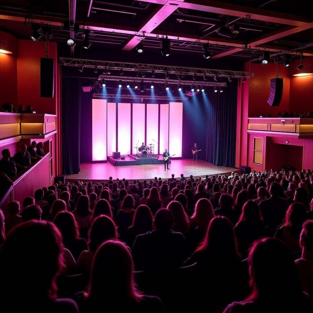 Mid-sized concert venue in Denver, Colorado. Cozy lively atmosphere with vibrant LED panels and professional sound system. Fans gather in seated and standing areas for performance. Unique decor combines modern concert aesthetics with classic theater charm.