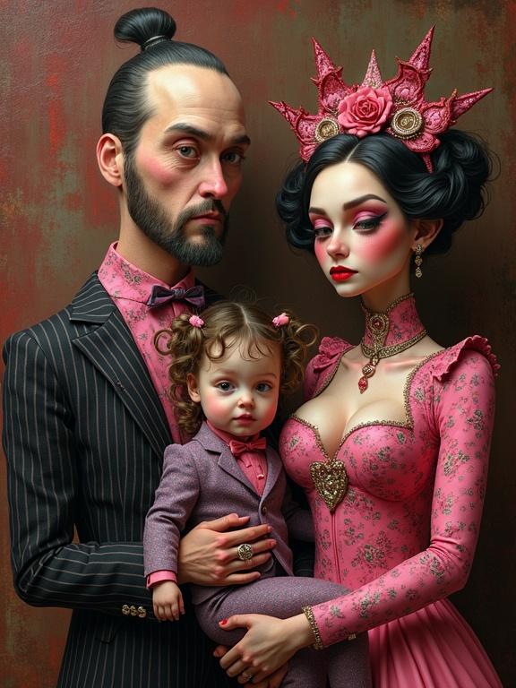 Surreal family portrait with three figures. Figures in extravagant pink and black attire. Background has warm tones. Rich patterns in clothing. Style reflects Kandinsky and Gustav Klimt. Soft lighting accentuates details. Composition is symmetrical and formal.