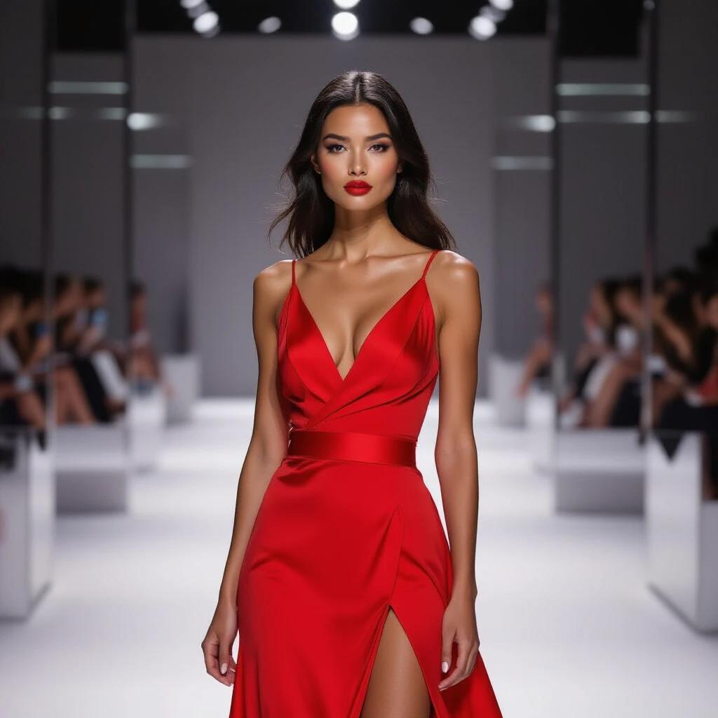 A high fashion model wears a slit red satin dress that boldly exposes shoulders and waist. The dress includes sheer black lace accents. The pose is set against an urban nightscape backdrop. A sharp and modern style is emphasized.