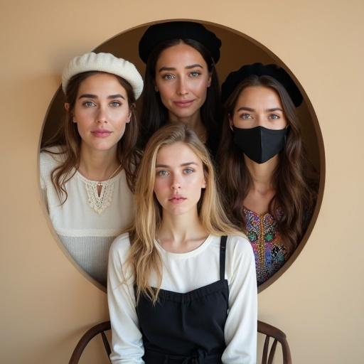 Upper, centered and emerging from a circular opening. Female group portrait. Women with blue eyes and different hairstyles wear berets and masks. Smiling expressions. Lower, centered and sitting woman with a dress. All looking at the viewer. Beige background.