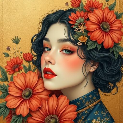 An abstract painting with a fantasy concept art style. The artwork features vintage fashion illustrations highlighting femininity. The scene is adorned with vibrant flowers set against a golden plaster background. Rich layers of pigments blend harmoniously with expressive brush strokes. The composition showcases dynamic play of light and colors, emphasizing depth and volume.