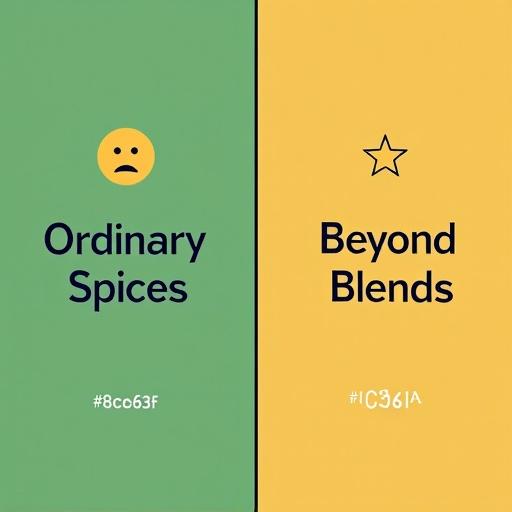 Split-screen Instagram post showcasing spices. Left side has green background with sad emoji and label 'Ordinary Spices'. Right side has gold background with star emoji and label 'Beyond Blends'. Central dark blue divider. Minimal text in light beige.