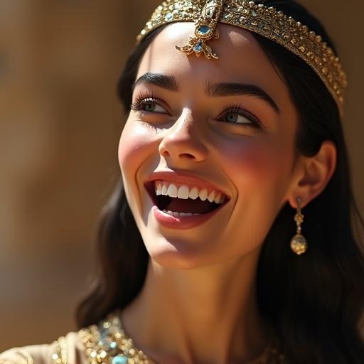 Generate a realistic beautiful white Egyptian girl with mildly thick eyebrows laughing wearing traditional attire. The scene is well lit.