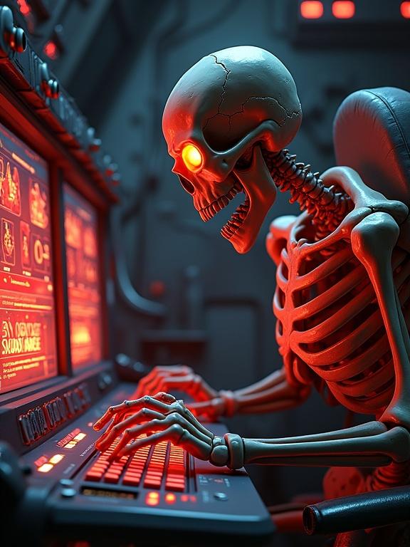 A hyper-detailed digital art of a gleeful skeleton in front of a control panel. The skeleton has fiery orange eye sockets and is pressing a glowing red 'SABOTAGE' button. The monitor shows oxygen warnings with crewmate avatars in distress. The setting is a dark Impostor lair filled with red lights and ominous shadows.