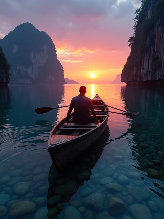 A serene twilight scene with a lone figure in a rustic wooden boat. Background features dramatic limestone cliffs and calm waters. Sky has vibrant orange and purple hues as the sun sets. Reflections softly visible on water's surface. Foreground has gentle ripples over smooth, rounded stones. Mood is tranquil and contemplative, conveying solitude. Composition leads eyes from boat to sunset, creating depth. Image has soft focus and atmospheric quality, fostering a peaceful connection to nature.