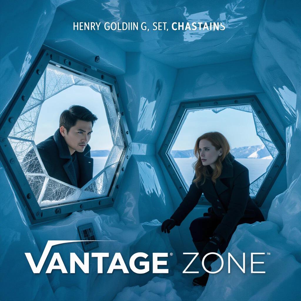 Rival agents trapped inside an observation dome. Characters peer through a frost-coated window. Dramatic Arctic setting filled with ice and snow. Bright lighting creates intense shadows. Tension-filled atmosphere with elements of espionage.