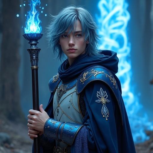 Young man with flowing hair shifts between ash-blue and black. Calm demeanor with eyes full of determination. Wearing light armor called Guardia Blue with pale silver chest plate and robe with azure flame embroidery. Hooded cloak drapes shoulders. A magical rune on left shoulder. Holds tall staff Rumble Flare with blue orbs and leather wrap. Ethereal blue flames swirl around staff. Background features dim forest or ancient ruins with blue flames spiraling upwards.