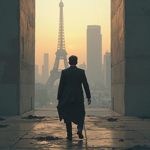 Image depicting a man walking towards a cityscape with the Eiffel Tower in the background. The scene captures a warm sunset through two concrete structures, creating a tranquil yet mysterious atmosphere.