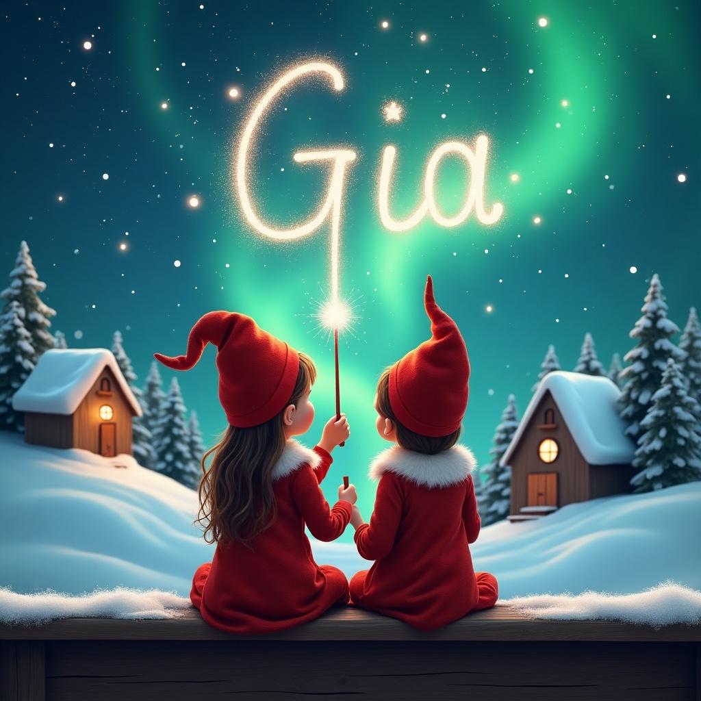 Elves in red outfits sit on a ledge. They look at a magical sky. An elf holds a sparkling wand. The elves write 'Gia' in the sky. The backdrop shows a snowy landscape with houses and evergreen trees under Northern Lights.