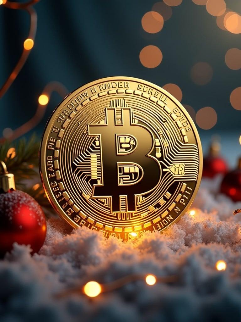 Golden Bitcoin token in snow. Decorated with Christmas lights. Surrounded by holiday ornaments. Festive atmosphere for cryptocurrency theme. Seasonal depiction of digital currency.