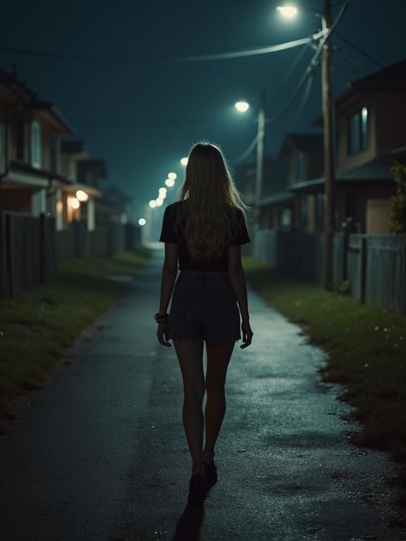 A woman is walking alone at night on a deserted path in a neighborhood. She has blonde hair and is wearing a mini skirt. The street is illuminated by soft streetlights creating a moody feel.