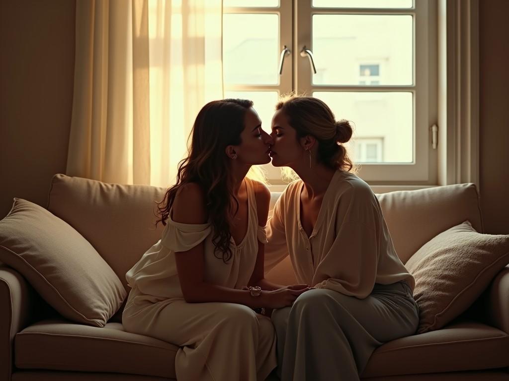 In a softly lit room, two individuals share an intimate moment on a beige couch. The light from a window casts a warm glow, creating a serene atmosphere. Their expressions convey tenderness and connection, enhancing the tranquil setting.