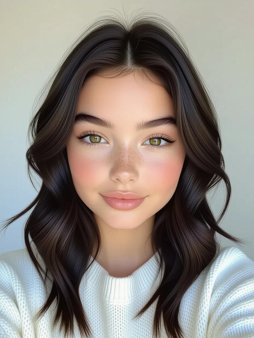 Selfie of a young teen with long black hair wearing a white sweater. Hair is styled in soft waves. Background is light and neutral.