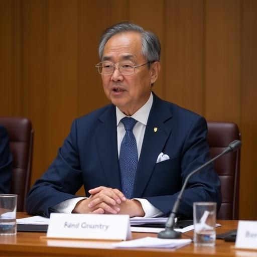 Press photo of Japanese Prime Minister Shigeru Ishiba during a cabinet meeting in Nagatacho, Tokyo. He wears a navy blue suit with a lapel pin. The atmosphere is serious with papers scattered on the wooden conference table. Government officials are visible in the background. The image is captured with a Nikon D850 using a 70mm lens.