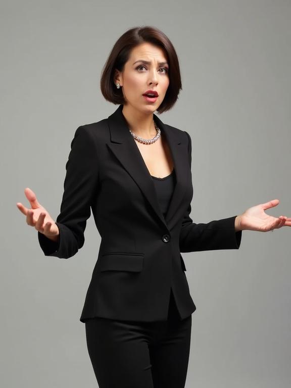 A woman in a tailored black pantsuit expressing mild surprise with hands gesturing. She has dark brown bobbed hair and is wearing a silver necklace. Light gray background highlights her professional attire.
