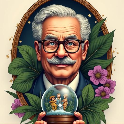 Frontal portrait of an elder man with a recognizable mustache and subtle glasses. The head emerges from tropical jungle leaves. An oval frame surrounds the scene with ornamental details in Neo Traditional style. Rich yet subdued color palette with deep greens and muted lilacs. Skin tones fade softly into the background. The man holds a snow globe containing a small figure of a woman holding a water jug inside, creating an emotional narrative. Vertical composition suitable for tattoo placement.
