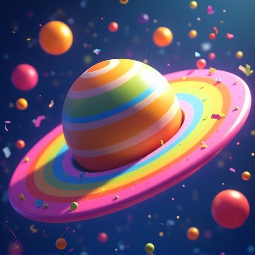 Colorful 3D animation of a cartoon planet spinning in space. Balloons sparkles and confetti surround it. Bright rainbow rings rotate around the planet.