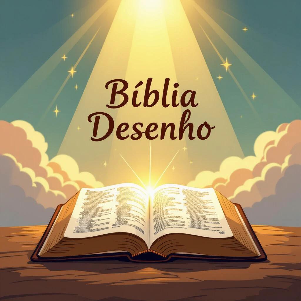 Biblical cartoon illustration in square format. Open Bible at center glowing with divine rays. Clouds in background. Warm sunrise lighting. Cinematic atmosphere with artistic texture. Elegant handwritten text “Bíblia Desenho” near Bible. High detail suitable for profile picture.