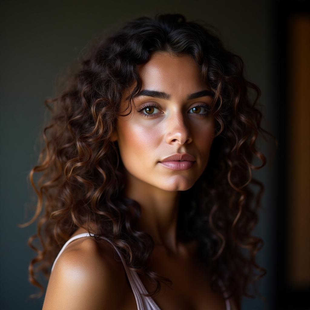 A person with long, curly hair looks directly at the camera. Soft lighting highlights their features. Three angles of view.