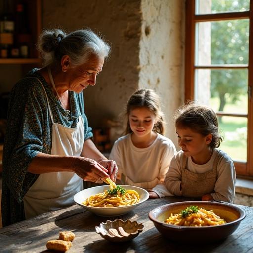 Hyperrealistic scene showing a nonna teaching her granddaughter to extract olive oil. Olive oil used in traditional pasta dish. Three generations are cooking together at a weathered wooden table. Dappled lighting enters through a vineyard window. Shot in 8K resolution with warm terracotta tones.
