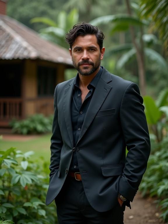 A handsome Latino man in a dark suit and dark shirt stands beside a plantation house in the jungle. Realistic full body shot. Greenery and serene environment surrounding him.