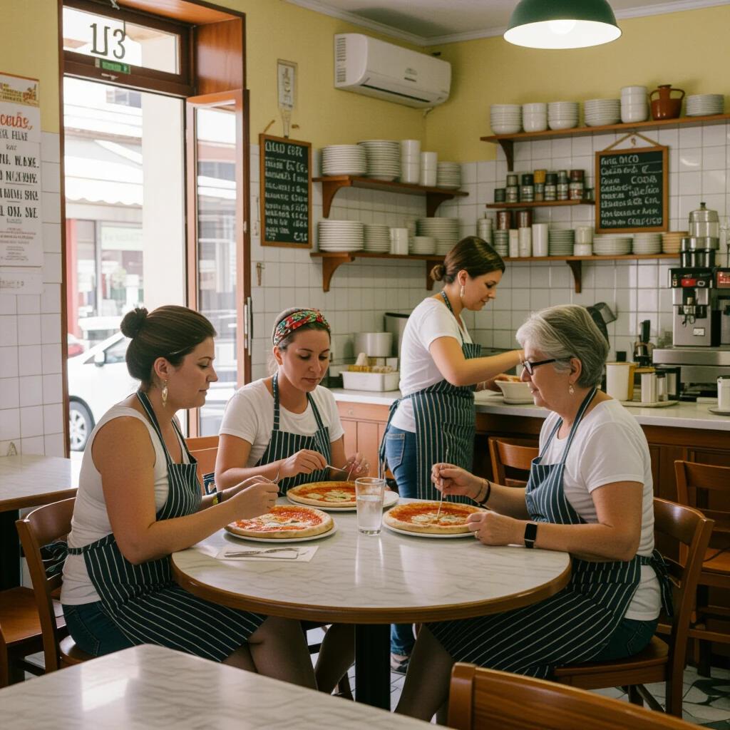 Women seated at a table in a pizzeria. They have a variety of pizzas on their plates. They are in a warm and inviting restaurant setting, with natural light illuminating their surroundings.