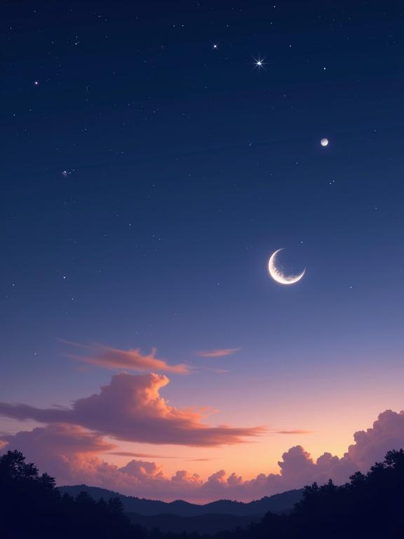 Stylized image of a twilight sky with a crescent moon and bright celestial objects. Deep navy blue transitions to warm amber and lavender near the horizon. Calm and dreamy mood with wispy clouds tinted orange and pink. Dark silhouette of trees or low hills at the bottom.