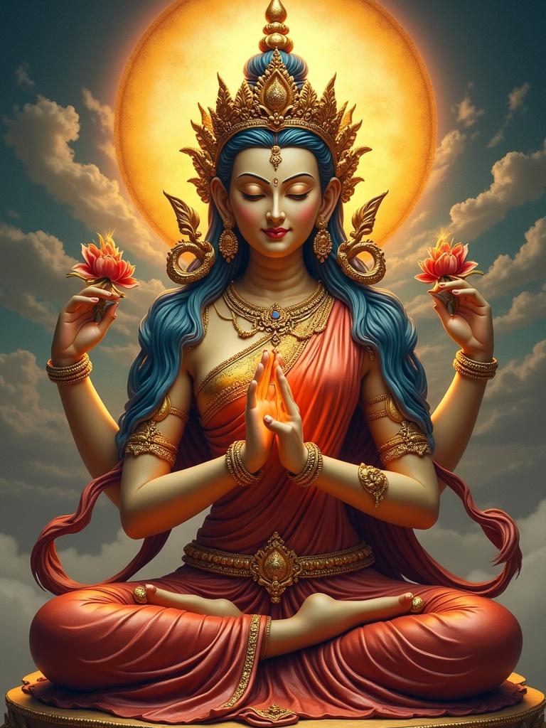 Goddess Tara in a blissful meditative state. She has multiple arms and holds lotus flowers. The background features a radiant halo and dramatic clouds. The figure is adorned with intricate jewelry and flowing robes.