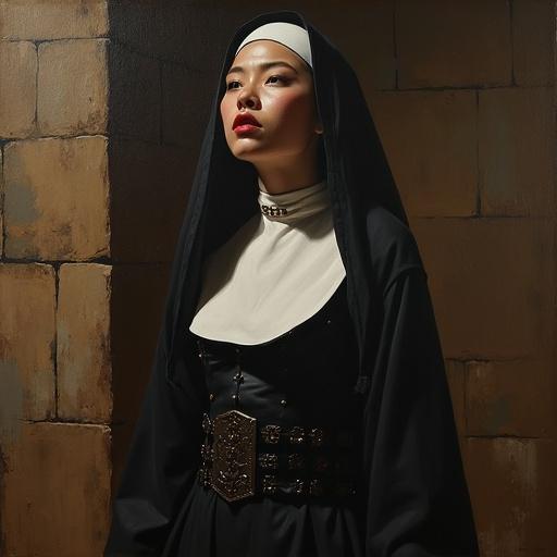 A nun stands in a dimly lit room. Dressed in traditional latex and metal outfit and a harness. Imposing pose. Detailed face features with deep shadows. Warm directional lighting highlights cheek and forehead. Brushstrokes create texture in clothing and dark stone walls. Muted colors dominated by deep browns and reds. Strong contrast between light and dark. Oil painting with impressionistic style.