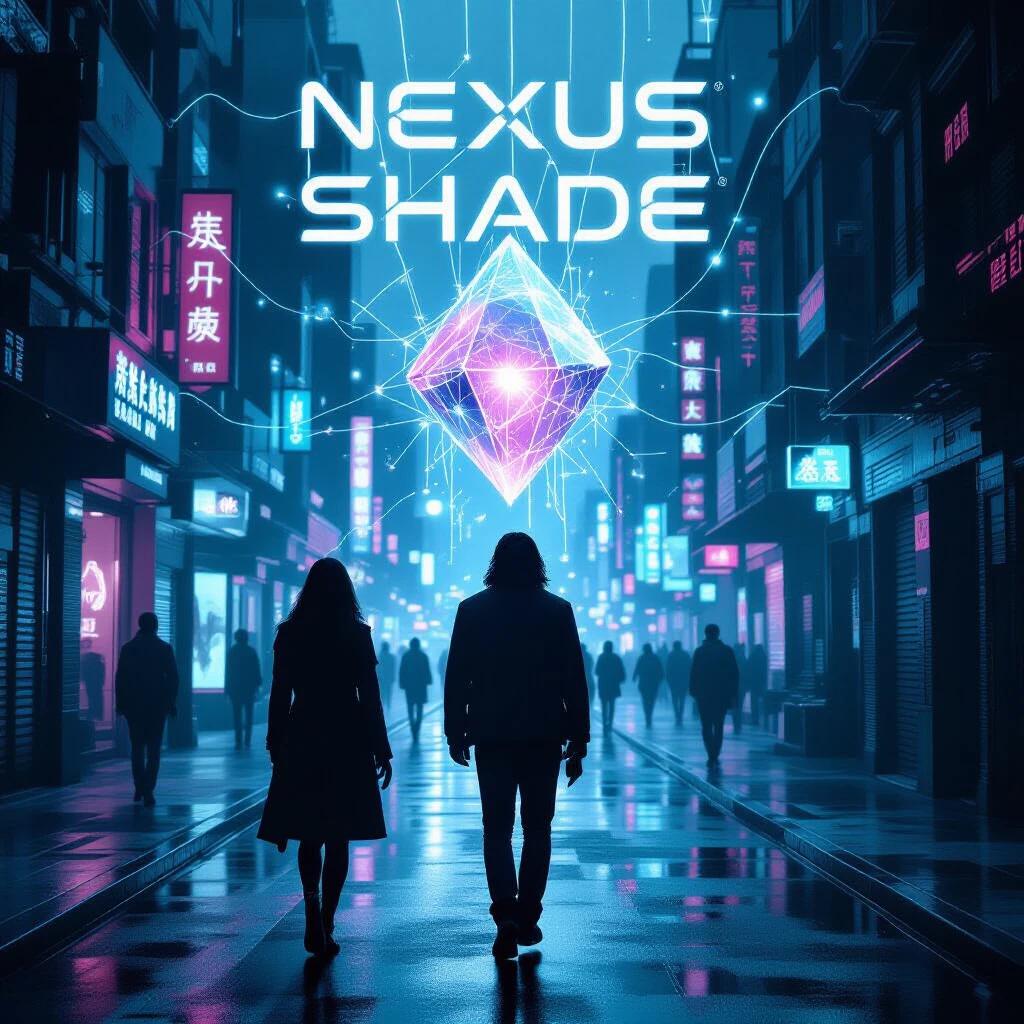 Two agents walk through a neon-lit digital alley. A psychic firewall controls city population. A levitating crystal pulses in the skyline.
