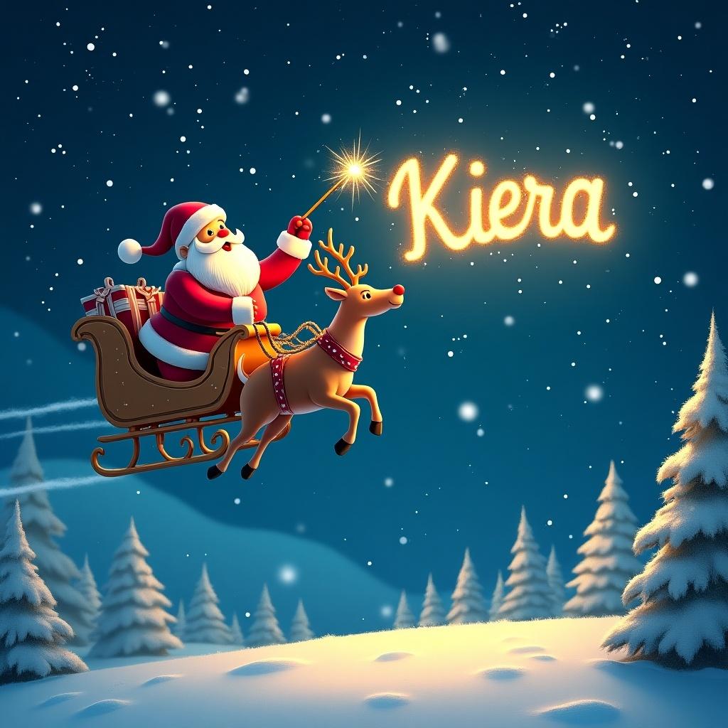 Santa Claus flying in a sleigh with a reindeer in a snowy landscape. Santa writes the name Kiera in the sky with a sparkler.