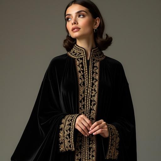 Elegant black jacket with intricate gold Arabic designs. Model poses elegantly wearing the attire. Soft and diffused lighting enhances the details.