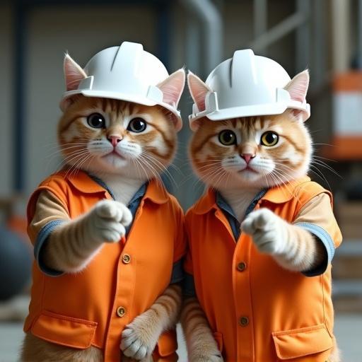 Two semi-realistic cats wearing white hard hats and orange work clothes stand side by side. Both are pointing forward confidently in a safety confirmation gesture. Cheerful yet serious expressions are visible. The background shows a workplace setting. The image portrays a comedic group safety check.