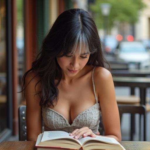 A woman sitting outside at a café table reading a book. She has dark hair with a strand of white. View from above showing her cleavage.