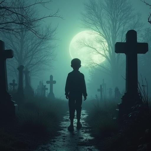 Child standing in a graveyard surrounded by tombstones under a glowing moon