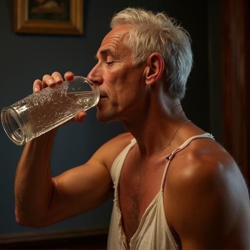 An old man consuming a drink. He holds a glass containing a clear liquid. Dim lighting enhances a cozy environment. The focus is on the man enjoying his drink.