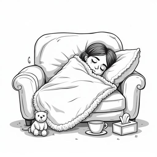 Gender-neutral person curled up on comfy sofa wrapped in fluffy blanket. Tears streaming down cheeks in big cartoon droplets. Surrounded by tissue box pint of ice-cream with spoon warm mug cuddly teddy bear. Gentle swirl lines suggesting calm energy drifting around. Black and white line-art with thick clean outlines and minimal line density. Lots of white space. Centered portrait.