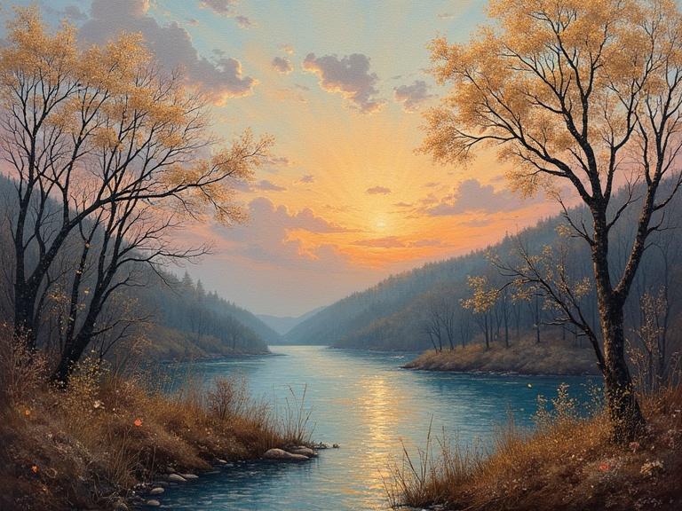 Beautiful landscape of a river at sunset. Trees in early spring with muted colors. Soft light reflecting on calm water. High resolution and stunning composition. Evocative and magical ambiance.