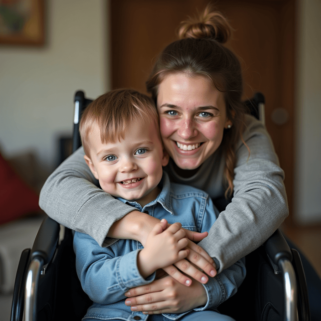 A smiling woman embraces a happy young boy.