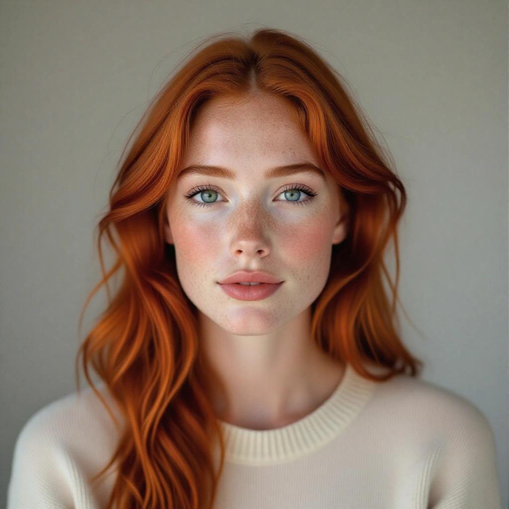 Portrait of a young woman with red hair and blue eyes. Soft freckles on her face. Wearing a light sweater. Natural look with soft lighting. Curly hair flowing gently. Front view of her face.
