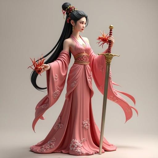 Asian woman inspired by Mulan stands gracefully. Wears tight-fitting kimono decorated with cherry blossoms. Long hair tied back in bun with golden ornaments. Holds sword and cricket while dragon hangs over shoulder. Displays determination and serenity. Studio-style neutral background. Realistic female sculpture style with resin finish.