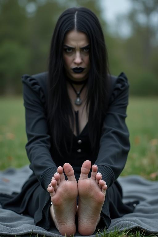 Mature goth woman with long black hair and black lips. Roaming soles of bare feet are shown. The woman is sitting on a blanket outdoors. She looks worried.