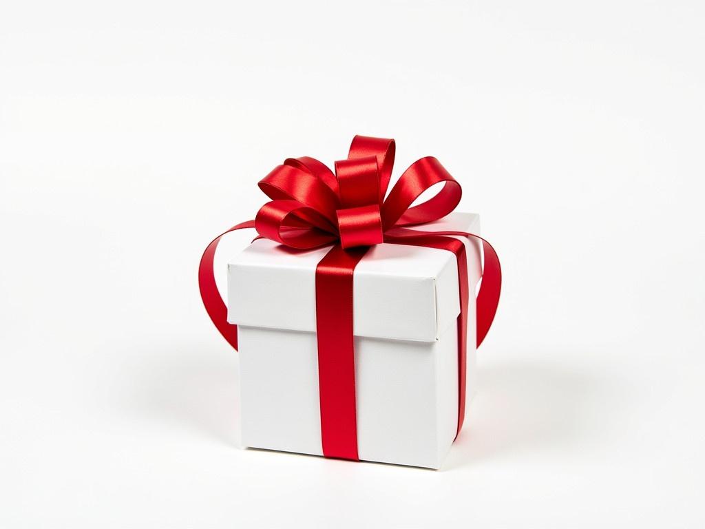 A white gift box featuring a prominent red bow and a horizontal red ribbon wrapping around it. The gift box is viewed from the top, showcasing the elegantly tied bow at the center. The ribbon creates a festive appearance, adding to the charm of the packaging. The box is placed on a clean white background, highlighting its bright colors. The overall aesthetic is cheerful and perfect for holiday giving.