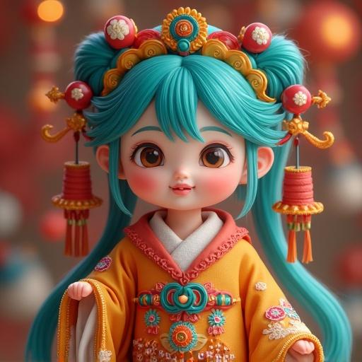 Doll with teal hair and elaborate hairstyle wearing traditional clothing. Background features colorful decorations and lanterns. Focus on facial expression and vibrant colors.
