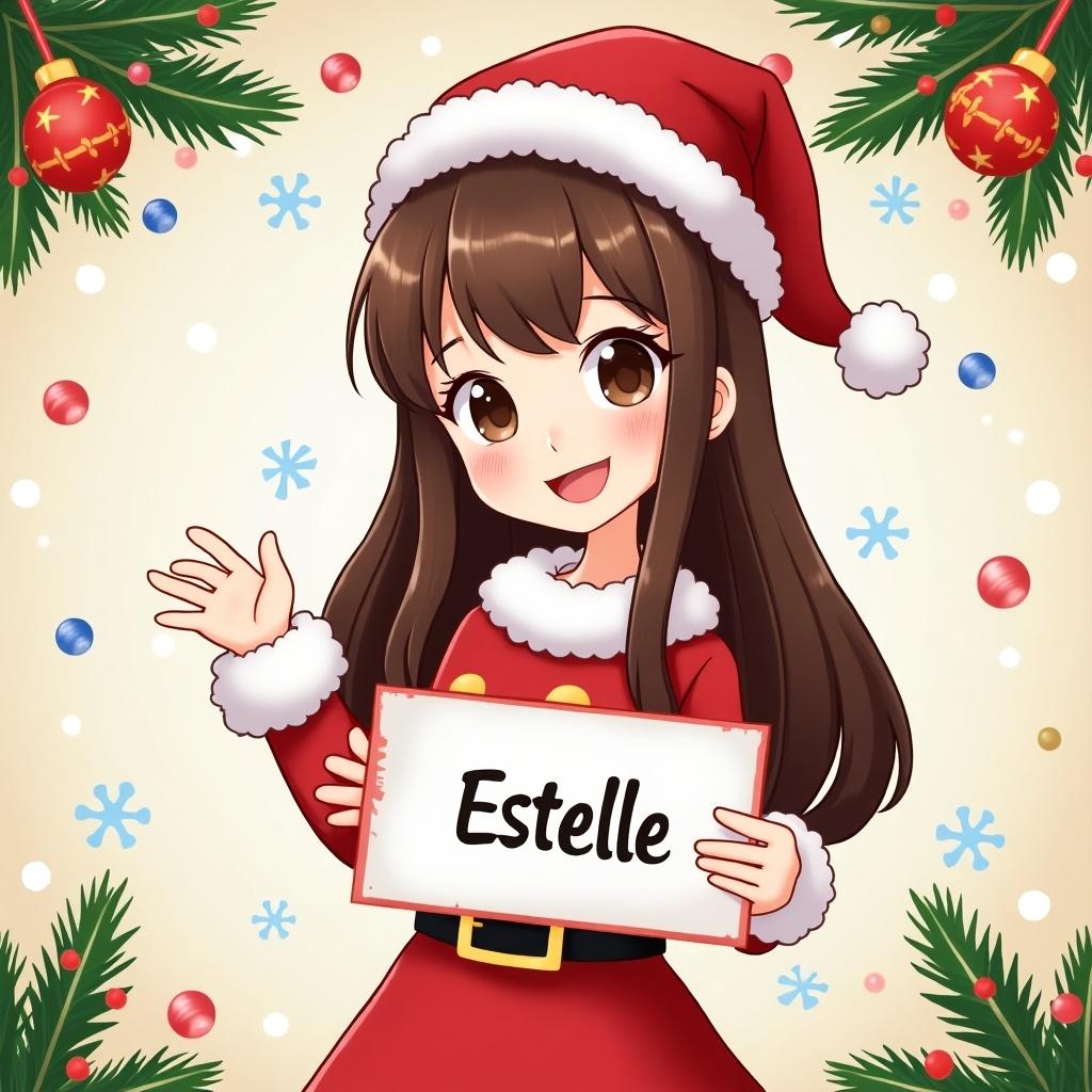 Cartoon character with straight brown hair wearing winter clothes in a Christmas scene with snow and a cozy background. The name Estelle is prominently displayed.