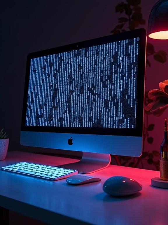Ultra realistic image of an iMac with matrix code illuminated with bioluminescent light. The setup has soft, ethereal glow and sleek metallic components. Circuits pulsate gently in sync with the bioluminescence.