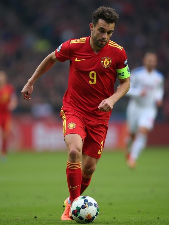 Professional soccer player in action. Player wearing red jersey with yellow details. Playing soccer on the field. Motion captured during a match. Sporting match atmosphere.